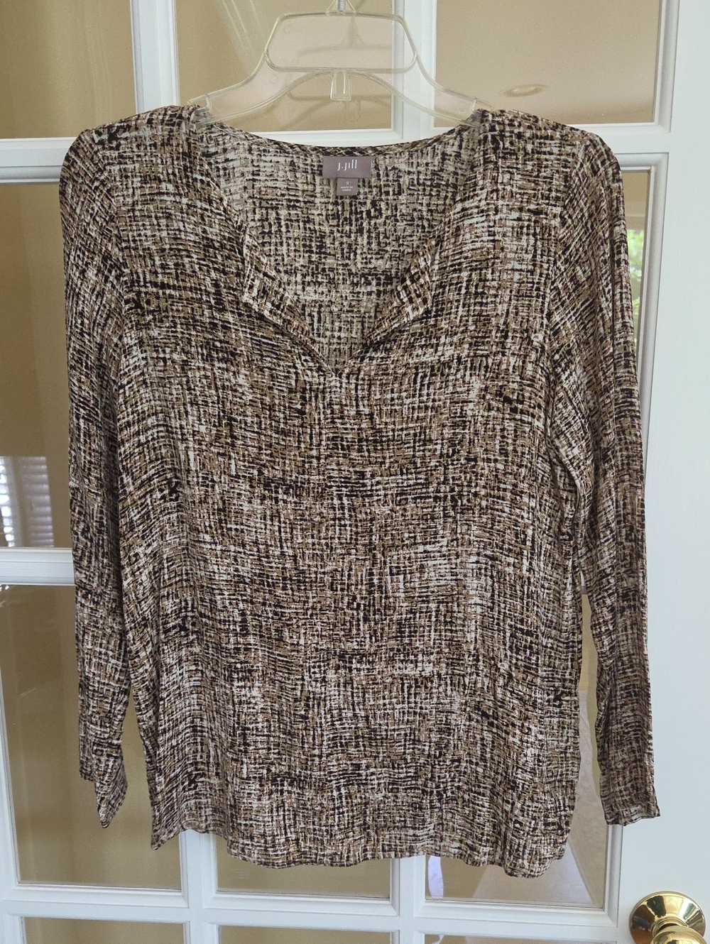 J. Jill Abstract-Print Long Sleeve Sheer Blouse- Dark Brown, Tan & Cream- Size S
